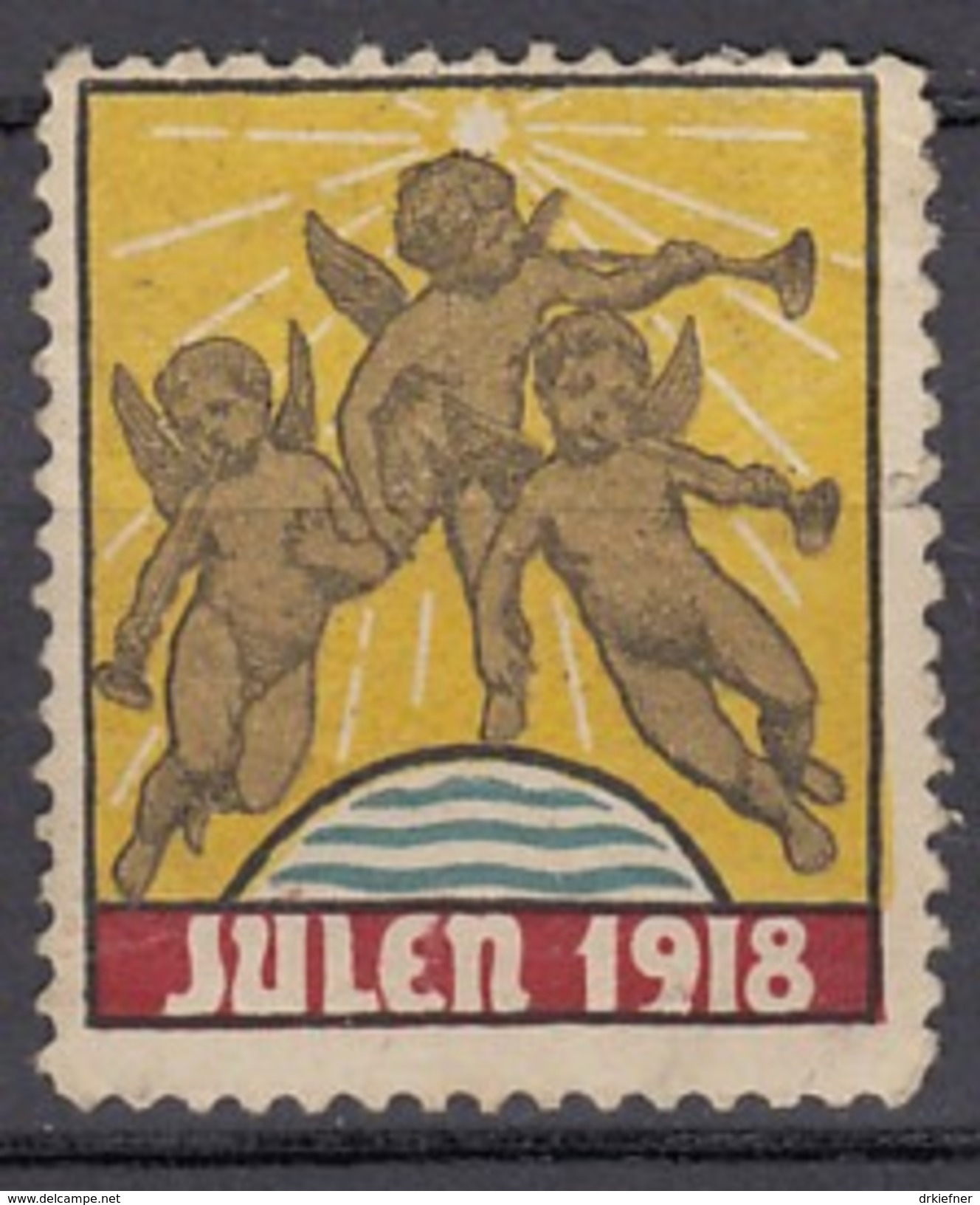 Dänemark, Julen 1918, Weihnachten, Reklamemarke, Julemaerket, Engel Mit Posaunen - Vignetten (Erinnophilie)