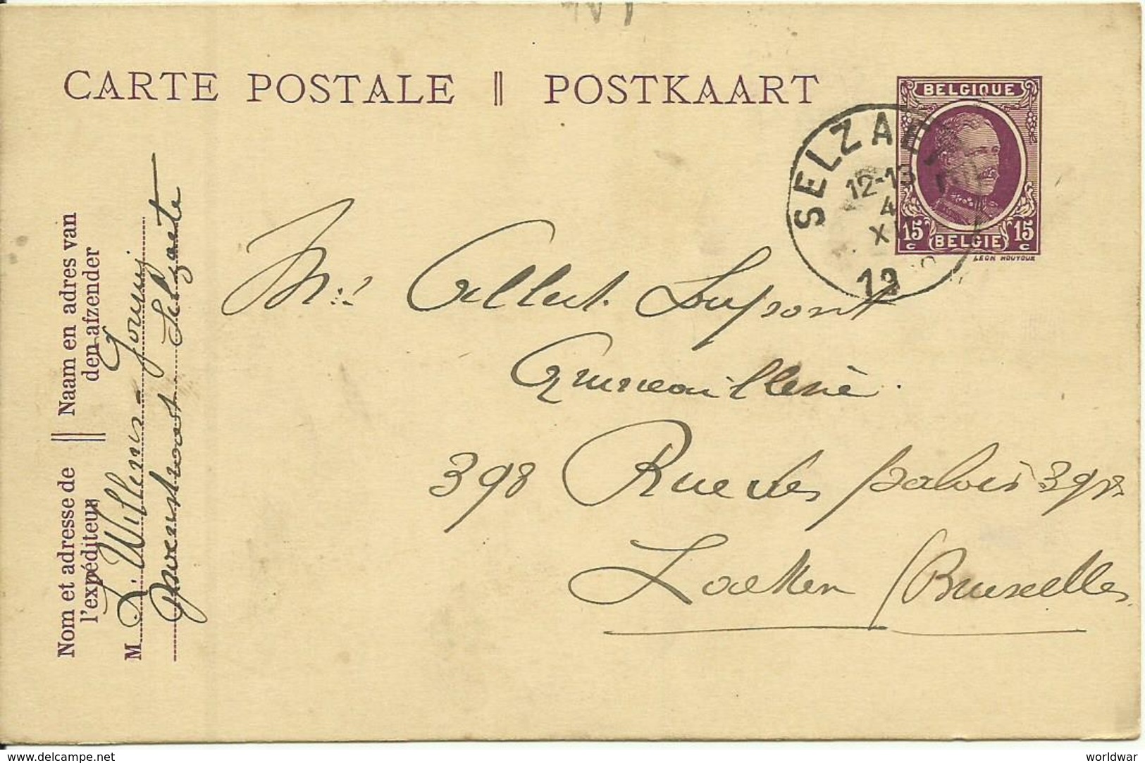 1922 Houyoux  15c Van Selzaete (Zelzate) Naar Laeken (Laken) - Postkarten 1909-1934