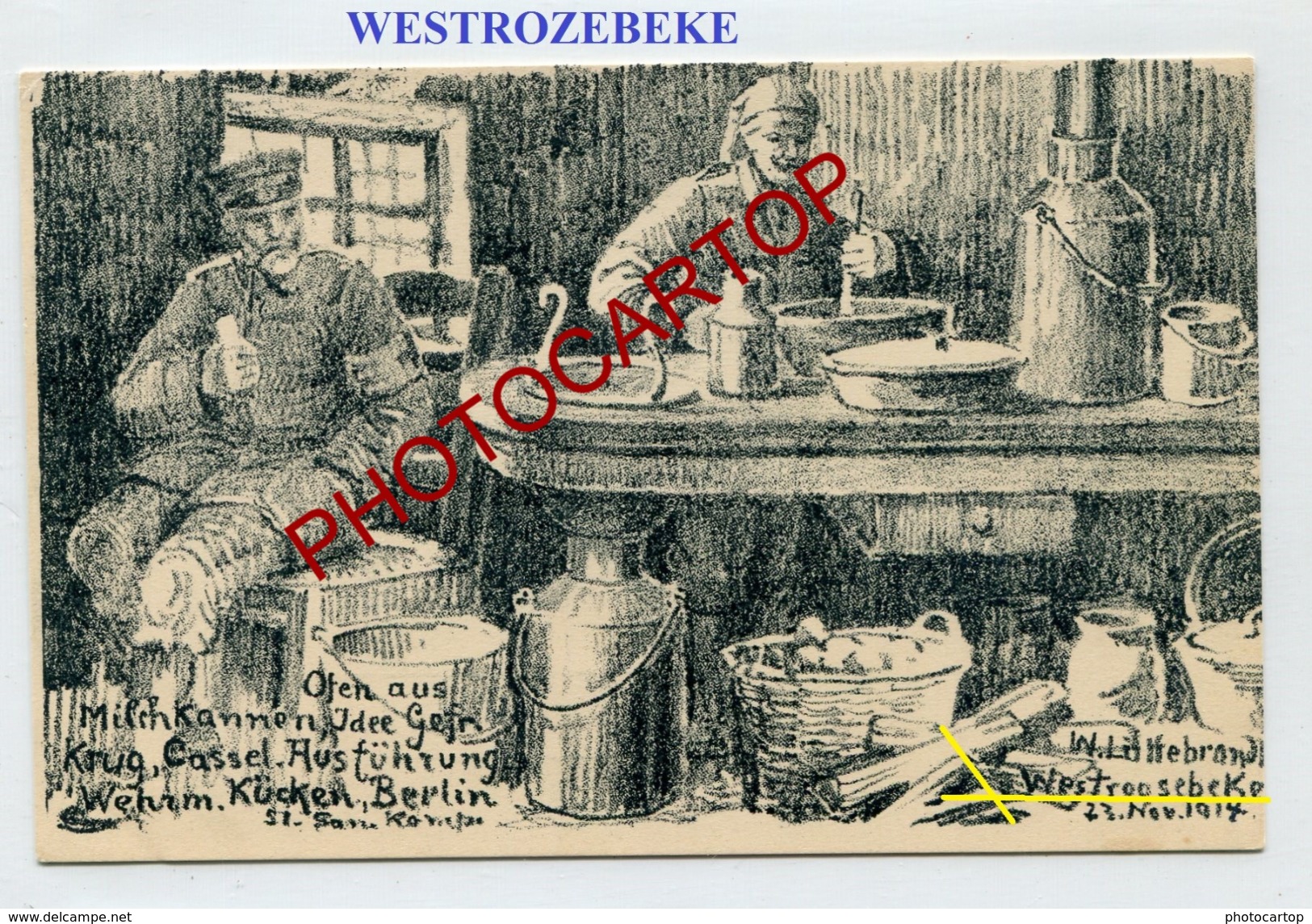 WESTROZEBEKE-Dessin-Cuisiniere Improvisee Avec Bidons A Lait-CARTE Allemande-Guerre 14-18-1 WK-Militaria-BELGIEN-Flander - Staden