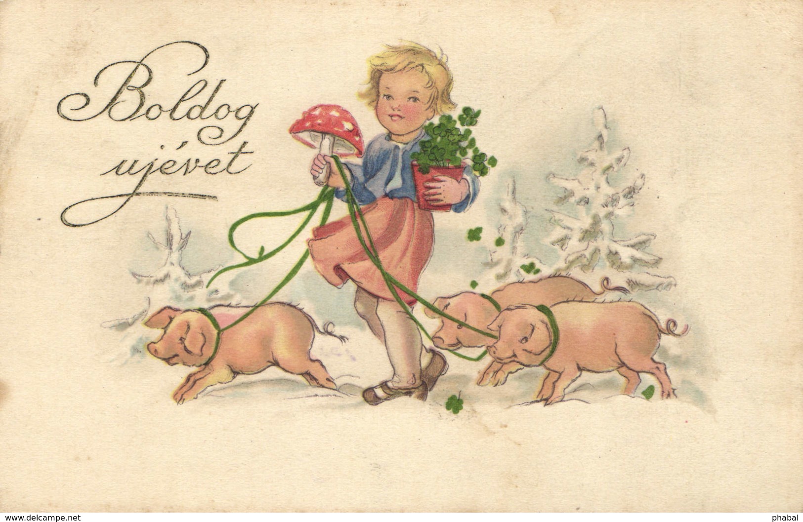 Pigs, Girl Walking With Three Little Pigs And A Mushroom, Old Postcard - Pigs