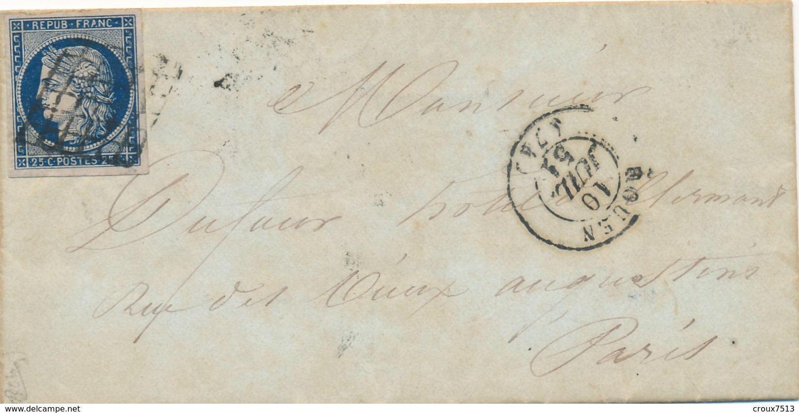 1851 Cérès N° 4 25 C Bleu Foncé Sur Lettre Signée Calves TB. - 1849-1876: Période Classique