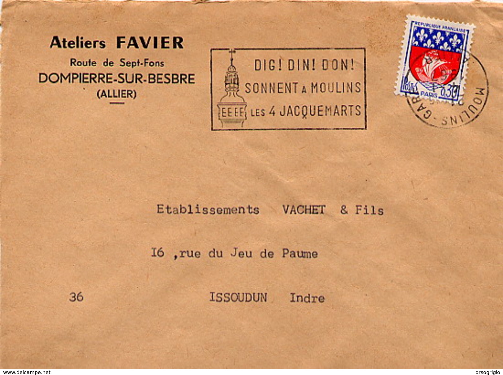 FRANCE -  MOULINS 1967 - DIG ! DIN ! DON ! SONNENT LES 4 JACQUEMARTS - TIMBRO DATARIO CAPOVOLTO !!!!!!!!!!!!!!!!!!!!!!!! - Brieven En Documenten