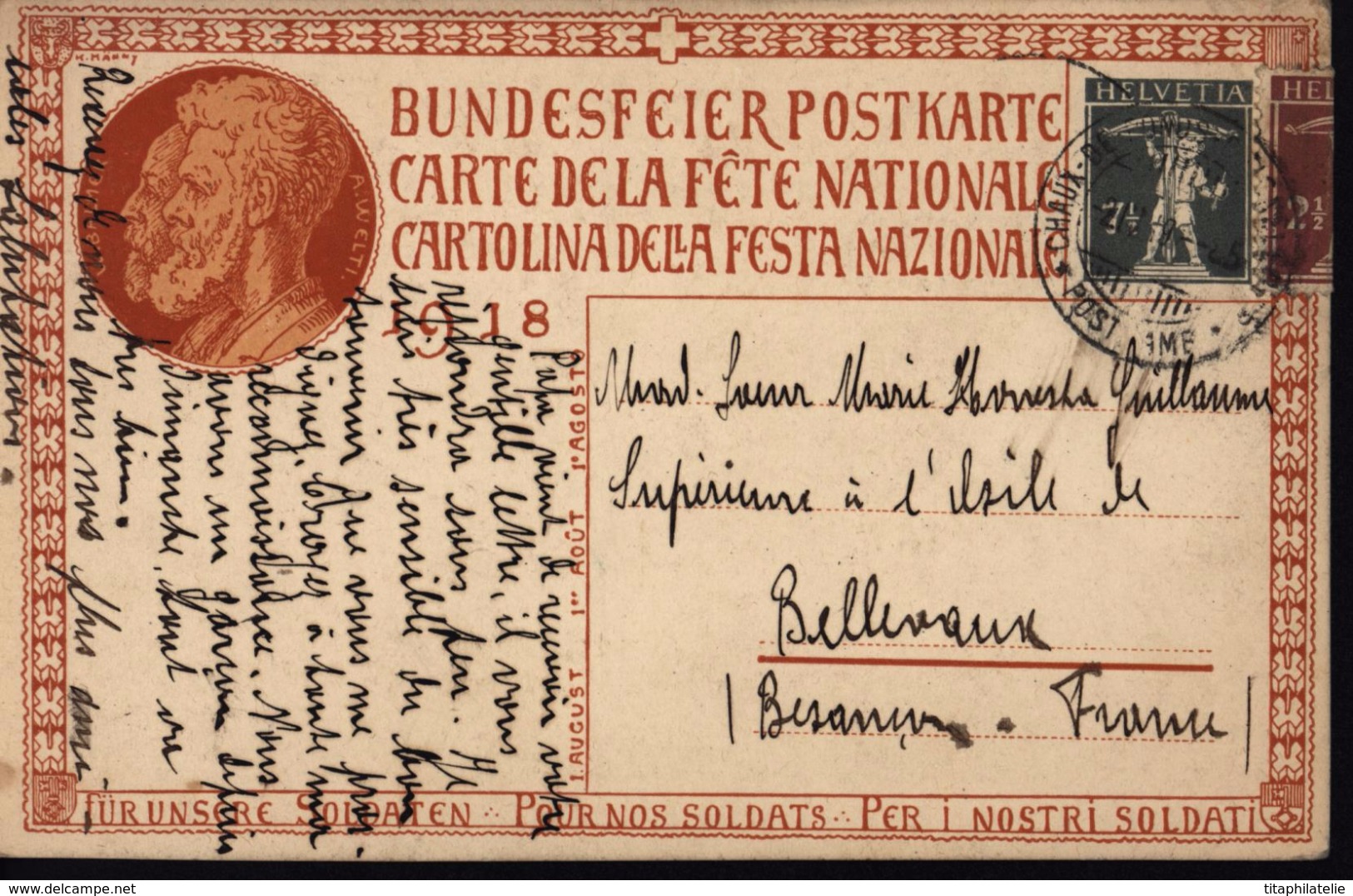 Suisse Carte Fête Nationale 1918 Entier W Tell Style 160 + YT 157 Groupe Personnes Devant Autel Pour Nos Soldats - Interi Postali