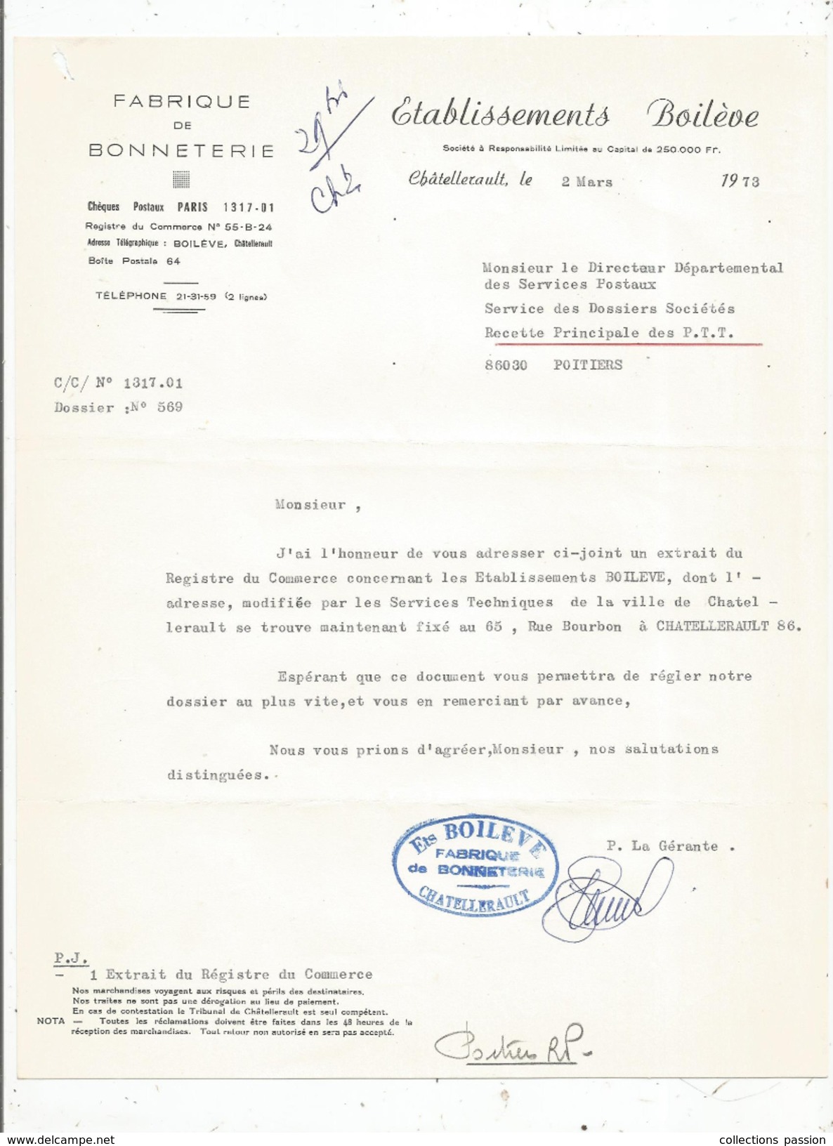 Lettre Commerciale , Facture , 1973 , Fabrique De Bonneterie , Ets BOILEVE , CHATELLERAULT - 1950 - ...