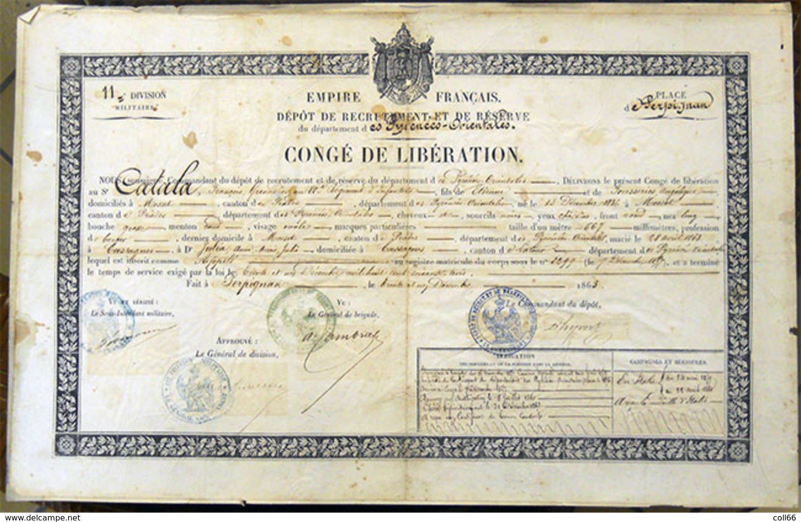 1863 Empire Français Congé De Libération François Catalan De Molitg Campagne D'Italie Signatures Généraux Cachets - Documenti Storici