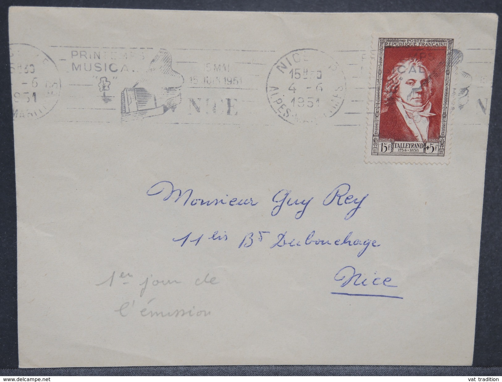 FRANCE - N° 895 Talleyrand Seul Sur Enveloppe De Nice Pour Nice En 1951 , Oblitération Du 1er Jour D 'émission - L 7007 - 1921-1960: Période Moderne