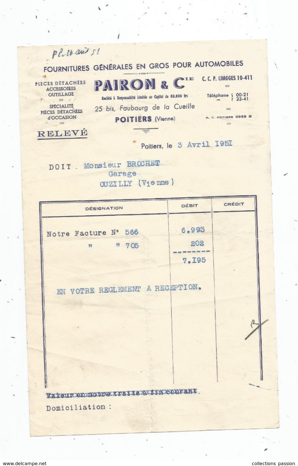 Facture , 1951 , Fournitures En Gros Pour Automobiles , PAIRON & Cie , POITIERS - 1950 - ...