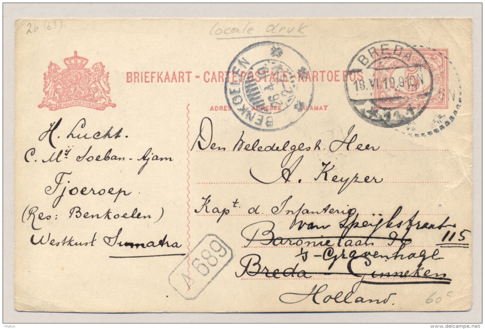 Nederlands Indië - 1919 - 5 Cent Cijfer, Briefkaart Lokale Druk G26a Van KBu BENKOELEN Naar Breda / Nederland - Nederlands-Indië