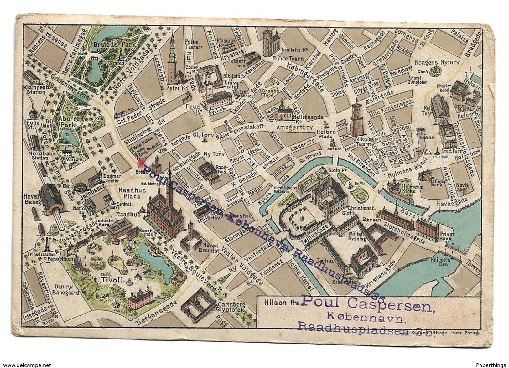 Old Postcard,advertising, Map Of Kobenhaun. Copenhagen, Denmark, Poul Caspersen - Danemark