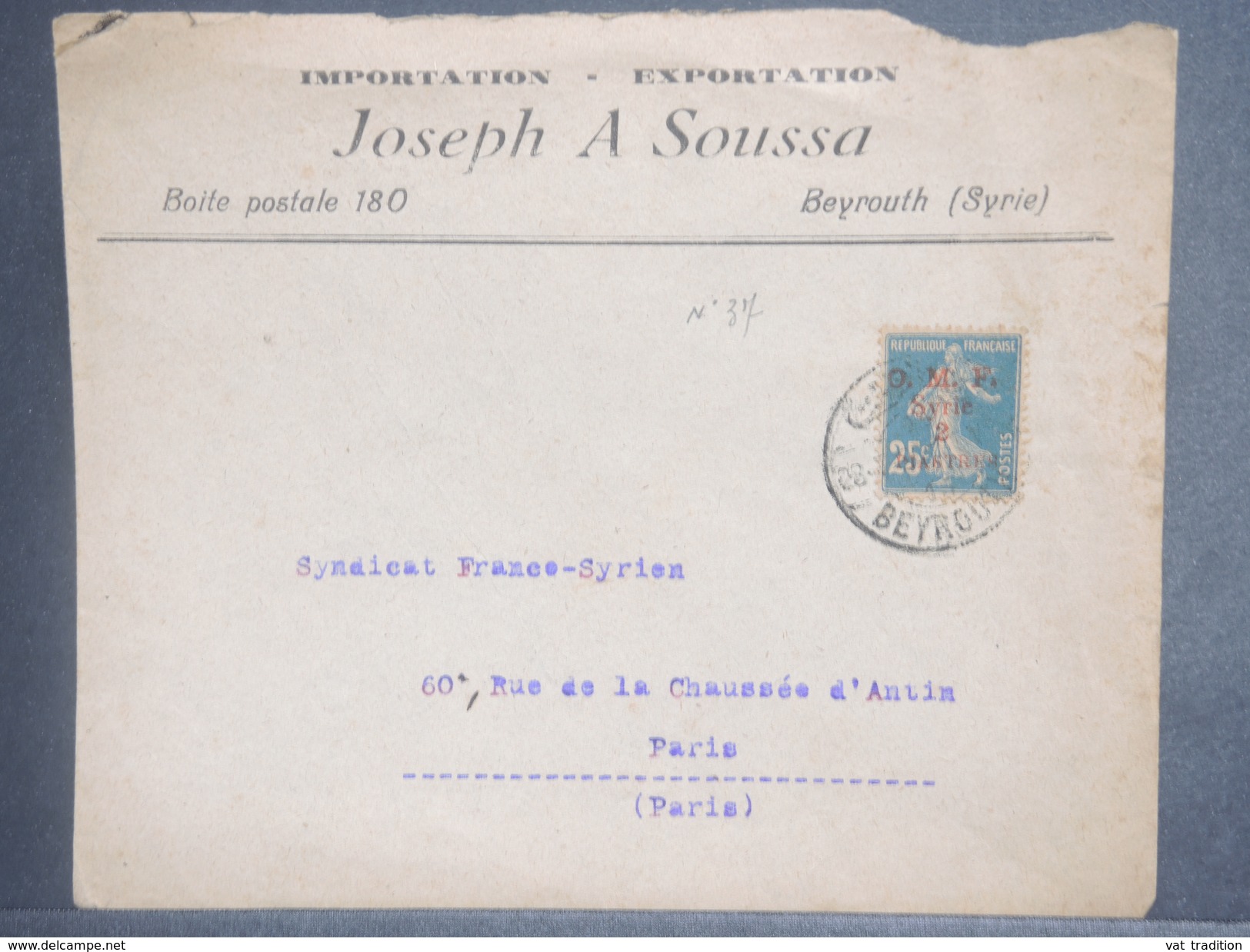 FRANCE / SYRIE - Enveloppe De Beyrouth Pour Paris , Affranchissement Semeuse Surchargé - L 7044 - Covers & Documents