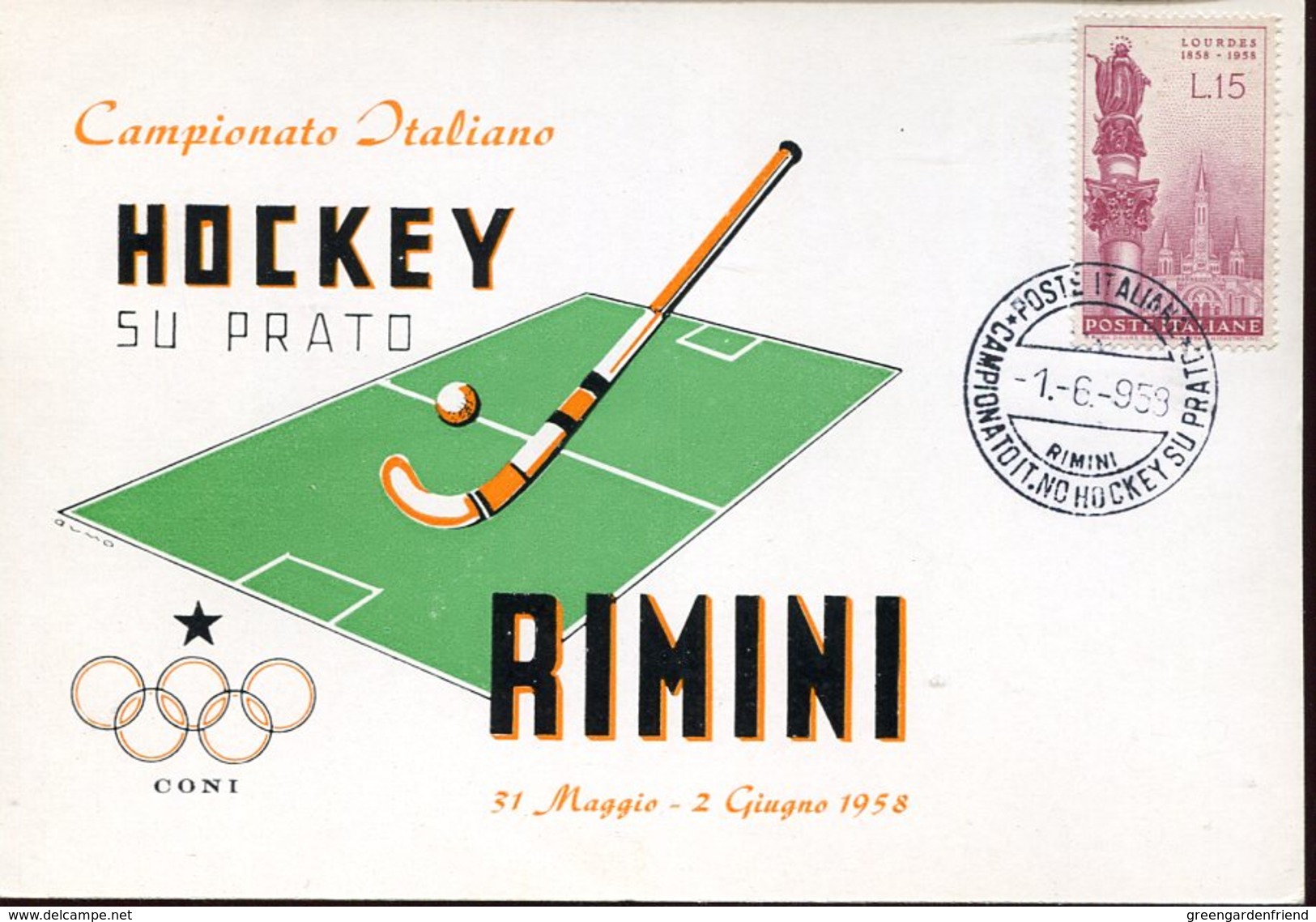 20773 Italia,special Postmark, 1958, Rimini, Italian Field Hockey Champ. Rimini 1958 - Hockey (su Erba)