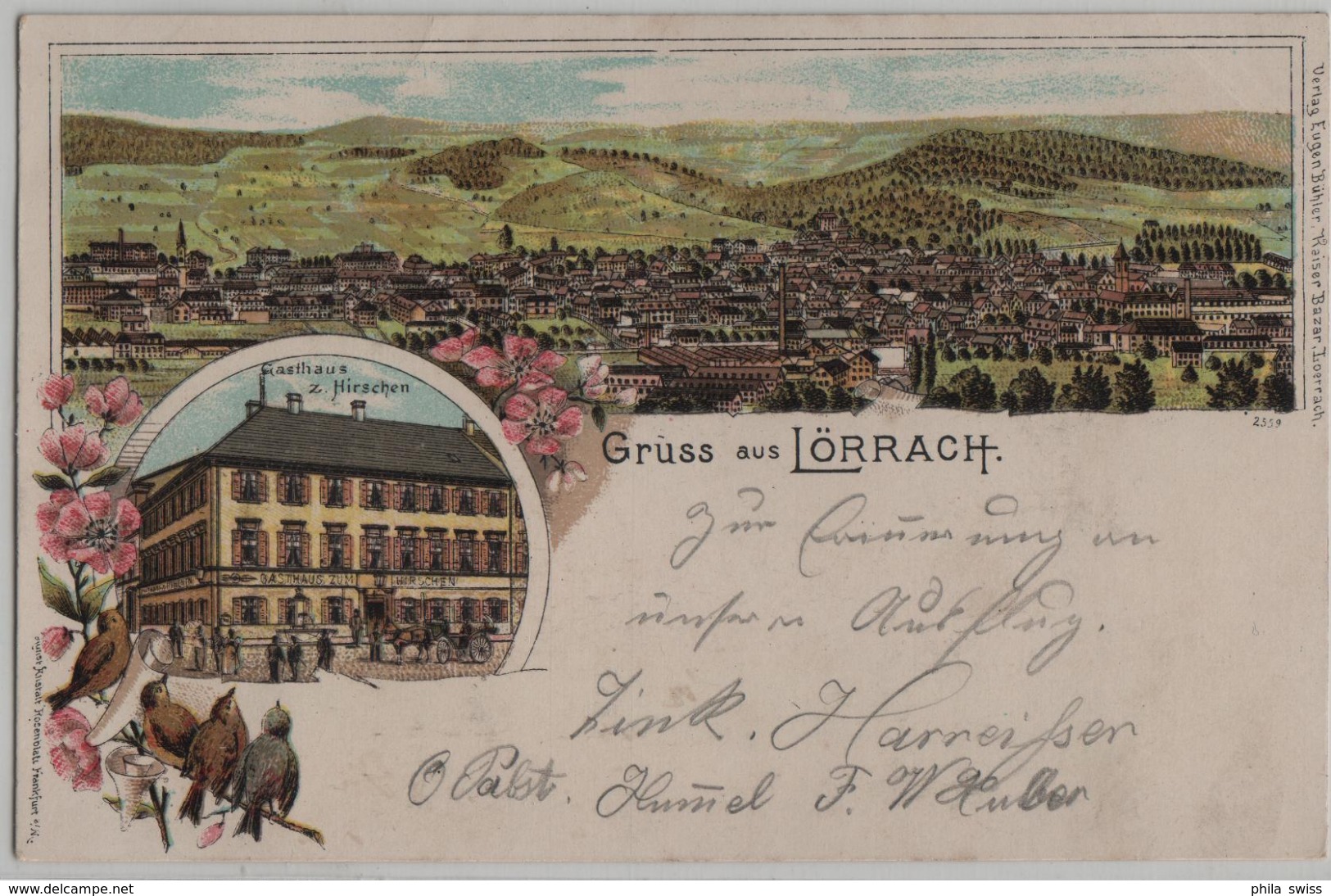 Gruss Aus Lörrach - Totalansicht, Gasthaus Zum Hirschen - Lithographie - Loerrach