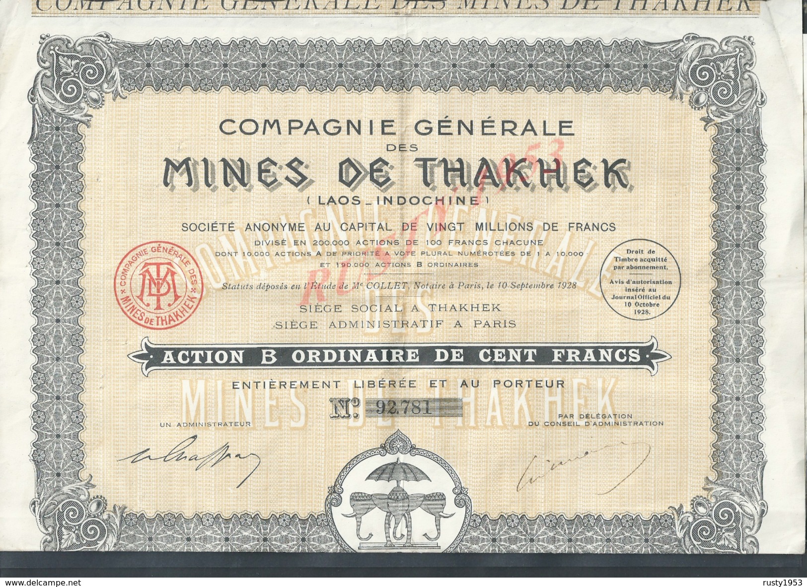 ACTION COMPAGNIE DES MINES DE THAKHEK LAOS INDOCHINE SIÉGE À PARIS 1928 : - Mineral