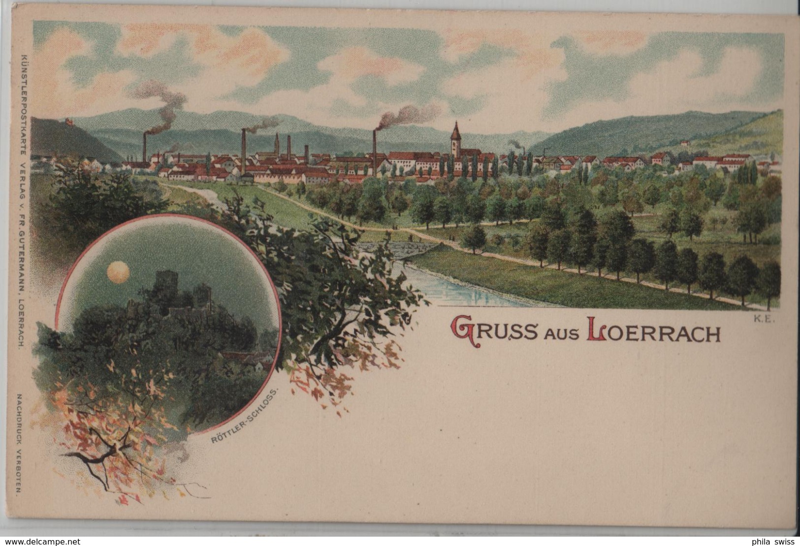 Gruss Aus Lörrach - Totalansicht, Röttler-Schloss - Lithographie - Loerrach