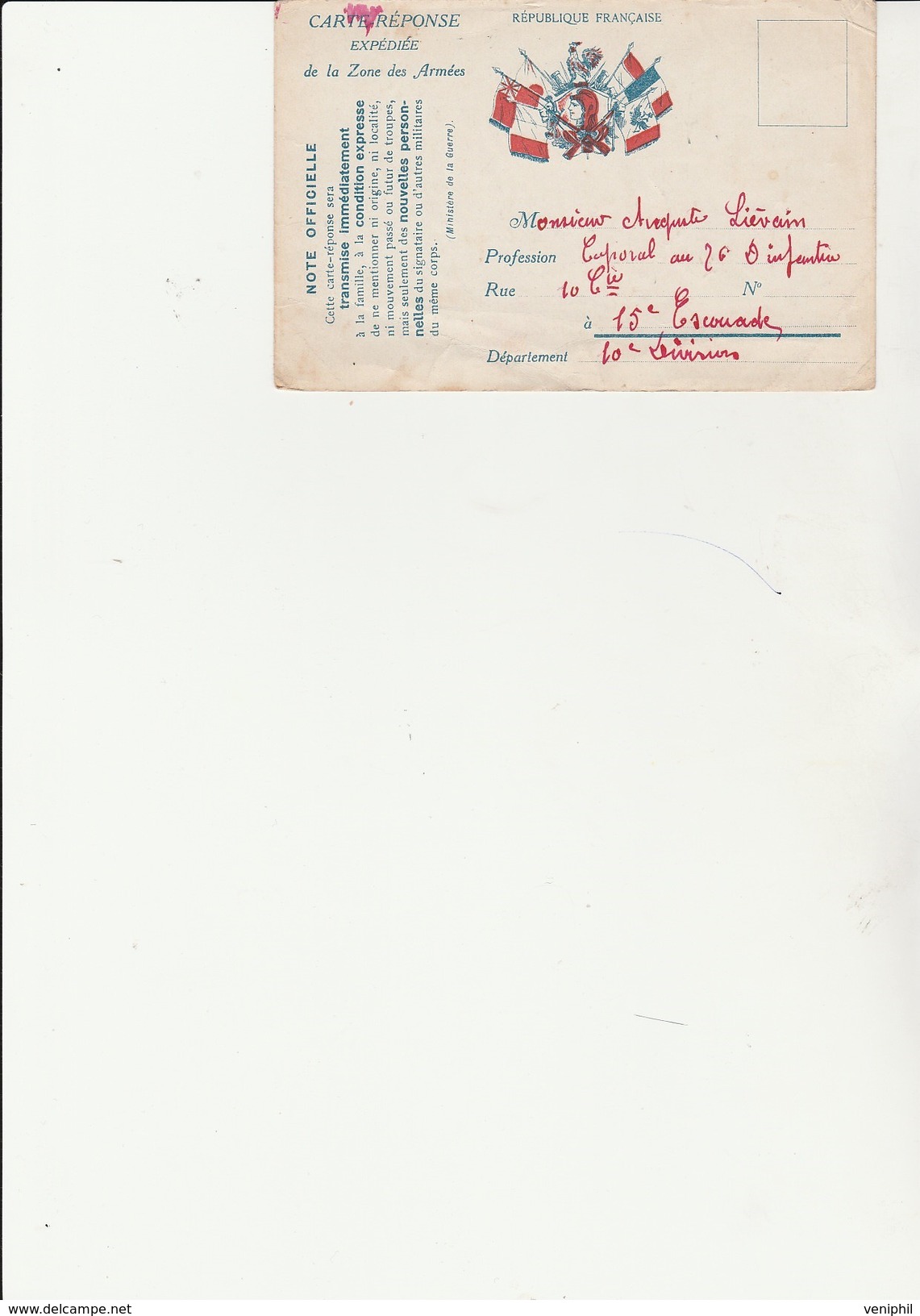 CARTE REPONSE MILITAIRE AUX DRAPEAUX EXPEDIE DE LA ZONE DES ARMEES-   BAR LE DUC 1915 - Covers & Documents