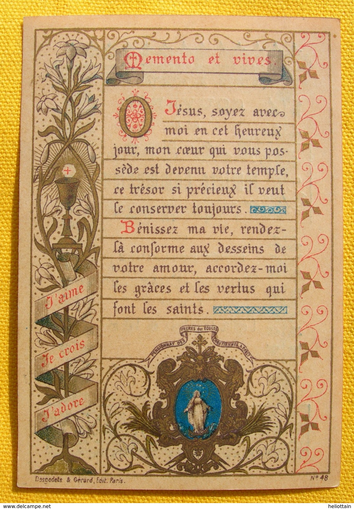 FIN XIXè : IMAGE DE MISSEL Desgodets & Gérard Pl 48 MEMENTO ET VIVES Communion 19 Mars 1893 / HOLY CARD  / SANTINO - Images Religieuses