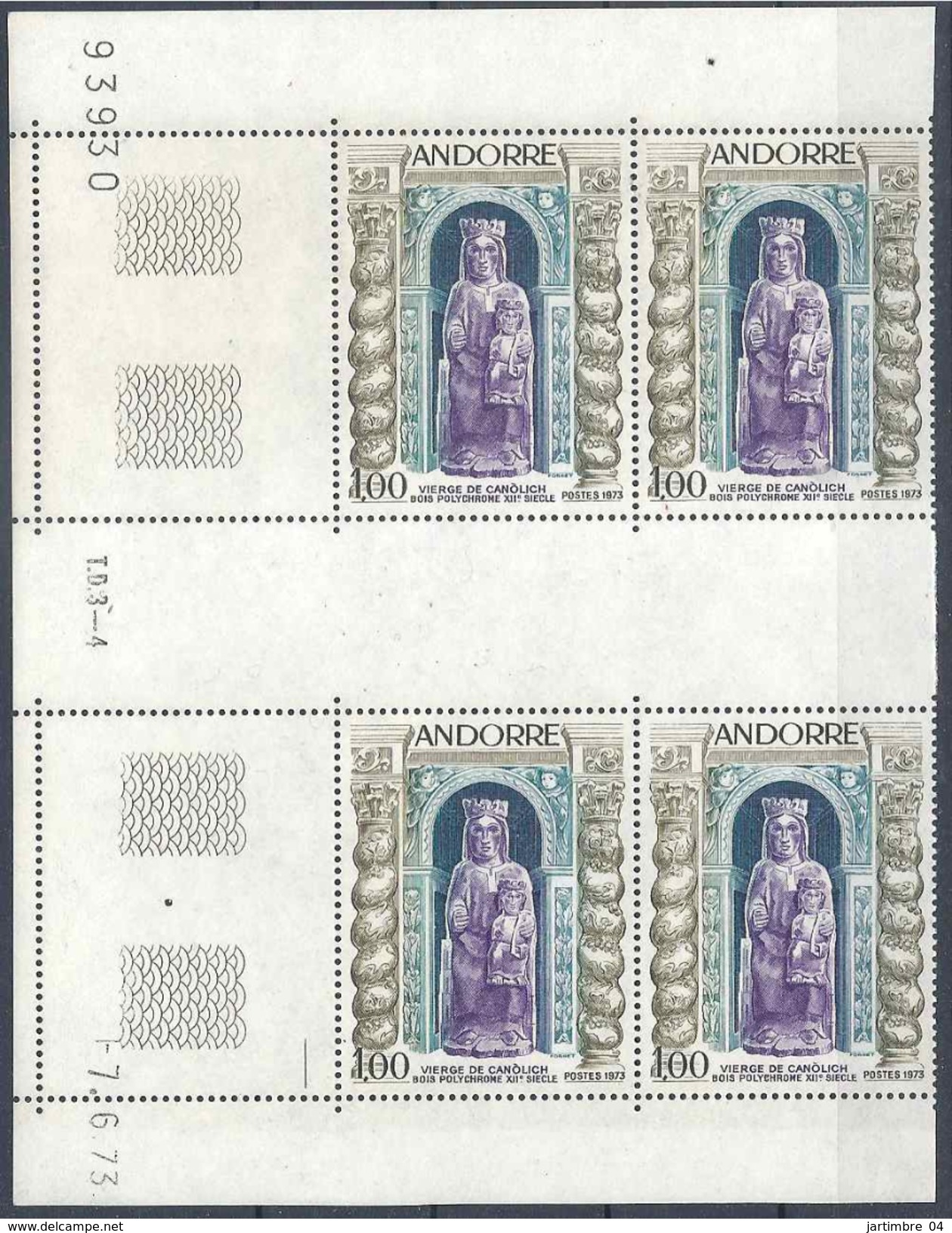 1973 ANDORRE Français  228** Tableau, Vierge, Bois, Bloc De 4, Coin Daté - Unused Stamps