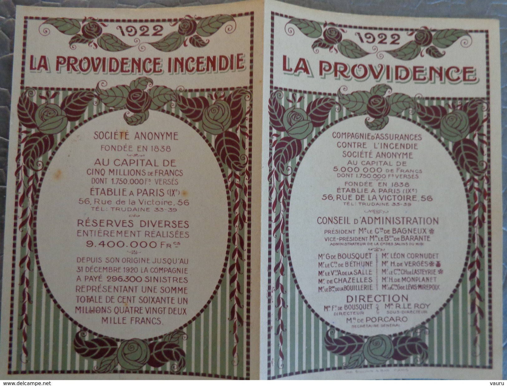 ASSURANCE LA PROVIDENCE  CALENDRIER 1922 - Grand Format : 1921-40