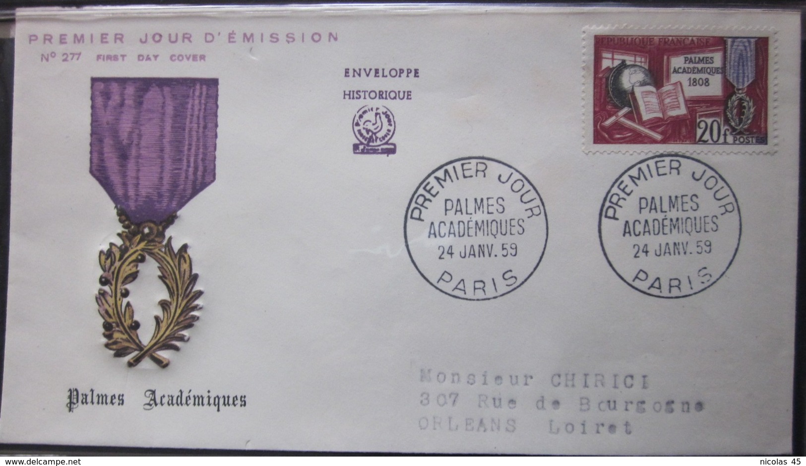 Enveloppe FDC 277 - 1959 - Palmes Académiques - Médaille - YT 1190 - Storia Postale