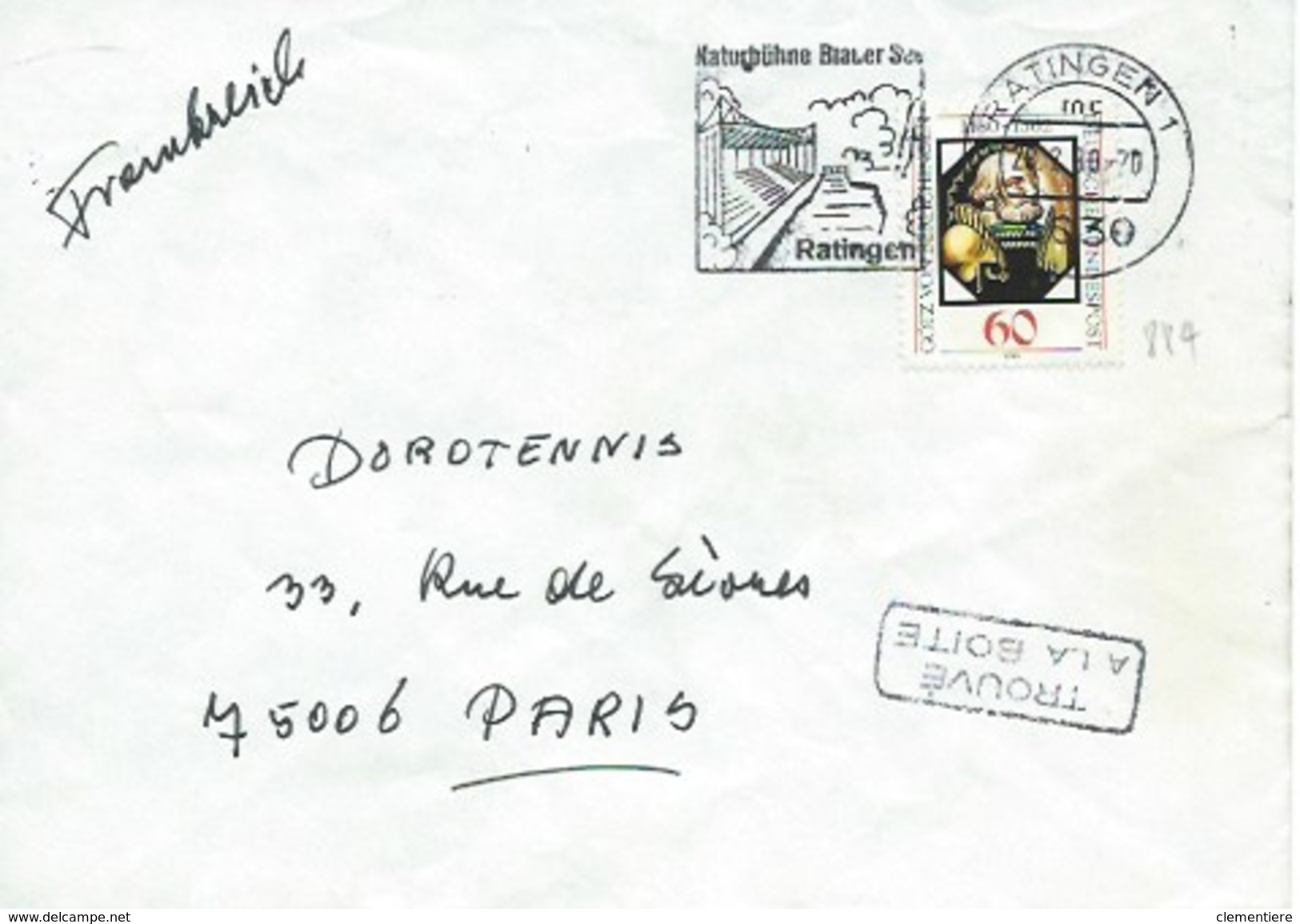 TP 884 Seul Sur Enveloppe De Ratingen Pour Dorotennis Paris Avec Cachet "trouvé à La Boite" - Autres & Non Classés