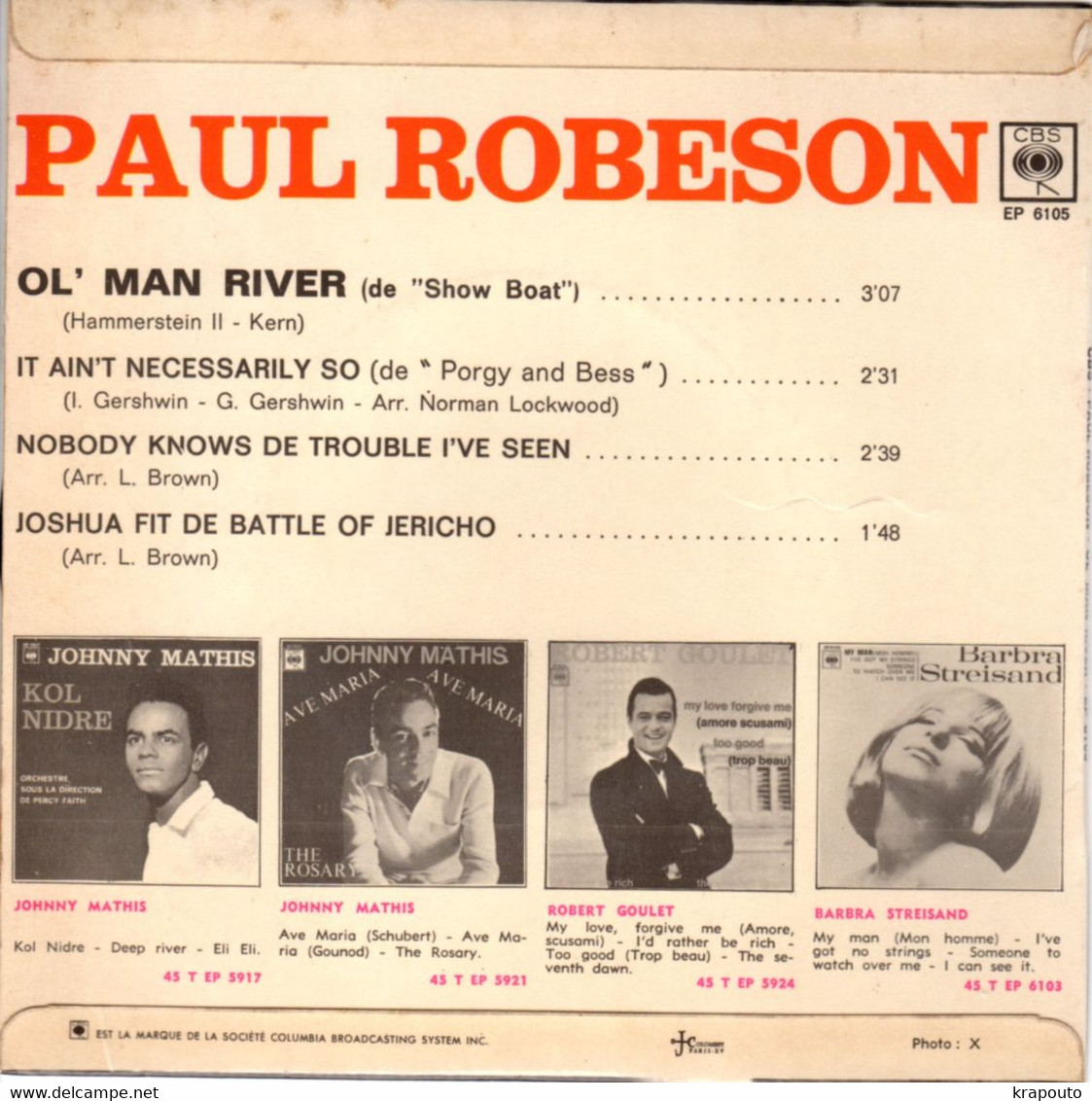 45 T 4 Titres Paul ROBESON Ol Man River  CBS EP 6105 - 45 T - Maxi-Single