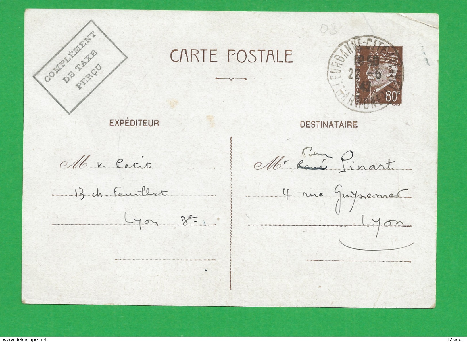 ENTIERS PETAIN 1942 De Lyon Pour Lyon - Cartes Postales Types Et TSC (avant 1995)