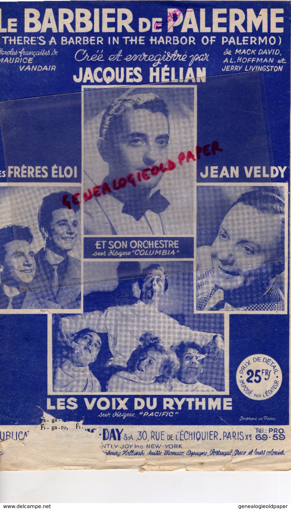 PARTITION MUSICALE- LE BARBIER DE PALERME- PALERMO-JACQUES HELIAN-FRERES ELOI-JEAN VELDY-VOIX DU RYTHME 1949- DAY PARIS - Scores & Partitions