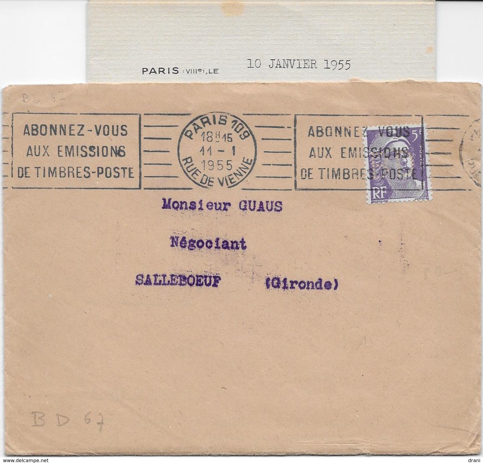 Env. Dewisme & Bouilliant 1955 (avec Correspondance) - Perf. BD 67 Sur 883 - Autres & Non Classés
