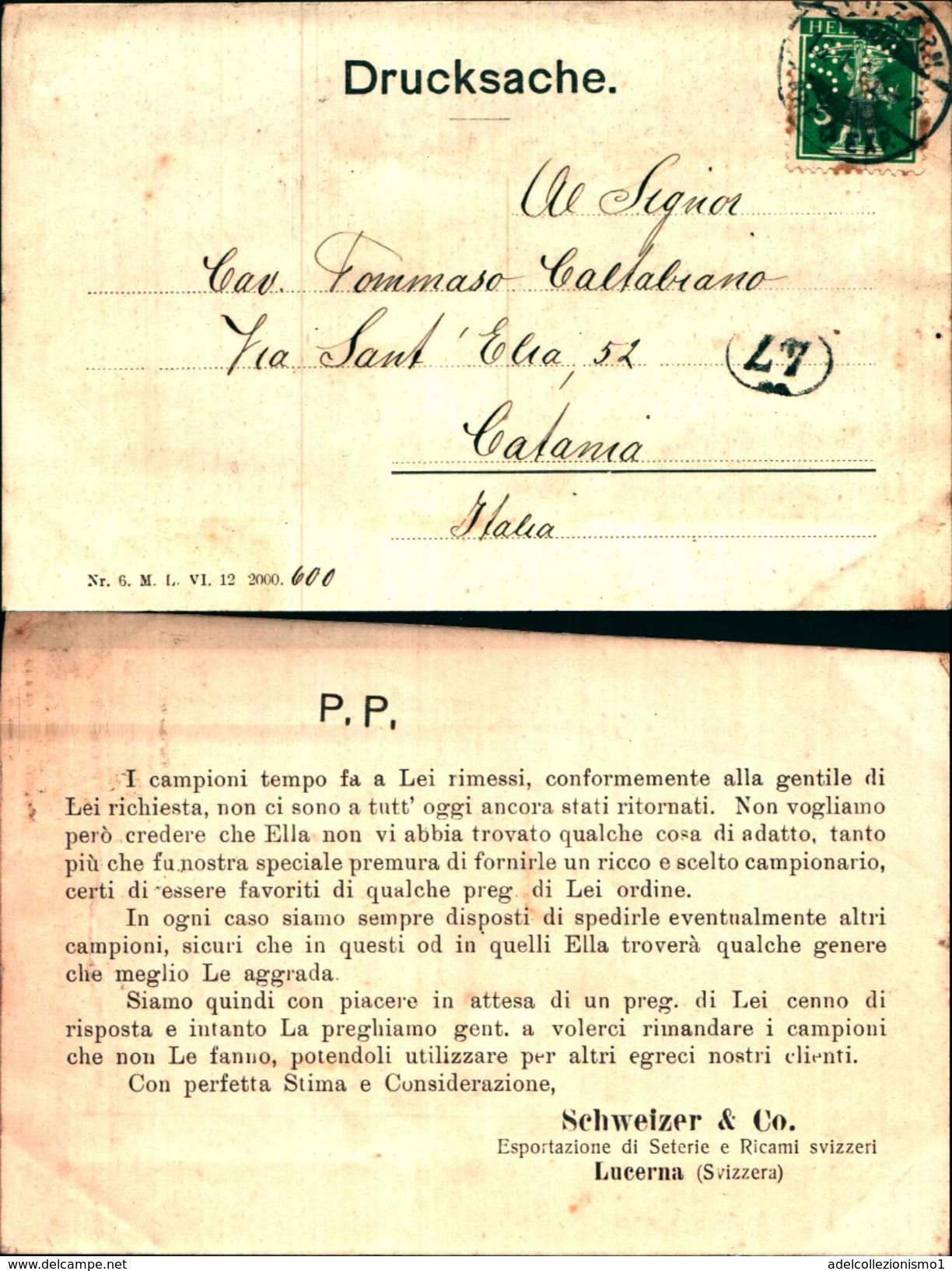 88086) Cartolina Con 5 C. Perfin Delle Seterie E Ricami Svizzeri - Schweizer & Co.-viaggiata - Perforés