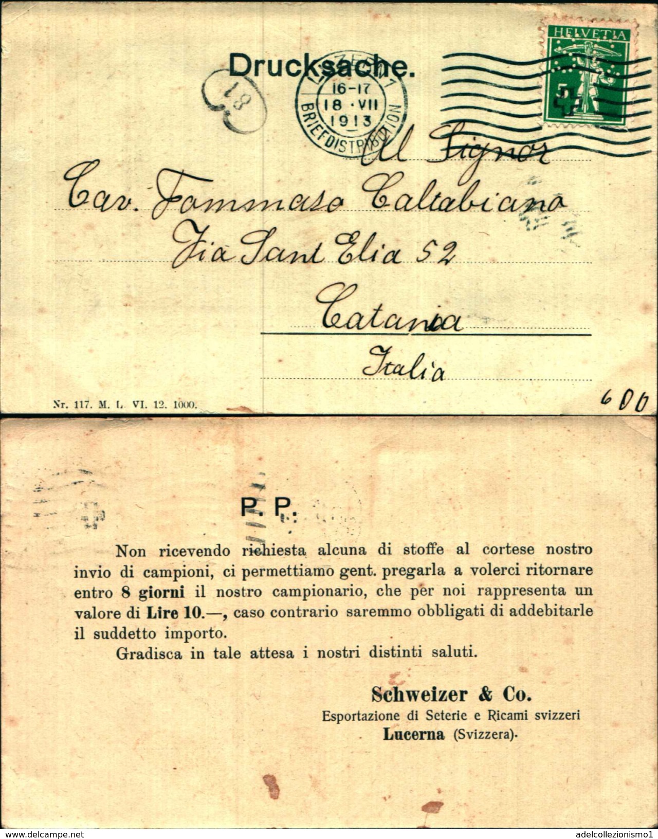 88087) Cartolina Con 5 C. Perfin Delle Seterie E Ricami Svizzeri - Schweizer & Co.-viaggiata - Perforés