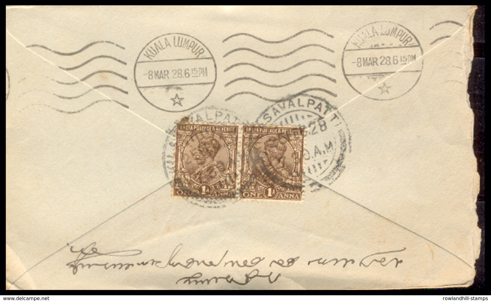 Malaya, Kuala Lumpur, 1928, Transmitted Cover, Sent To Malaya From India, Postmarks, King George V, British. - Other & Unclassified