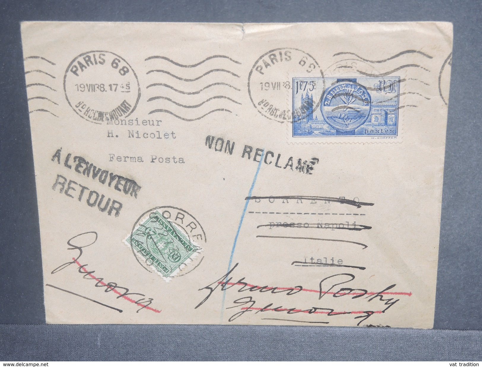 ITALIE - Taxe De Sorrento Sur Enveloppe De France En 1938 - L 7066 - Taxe