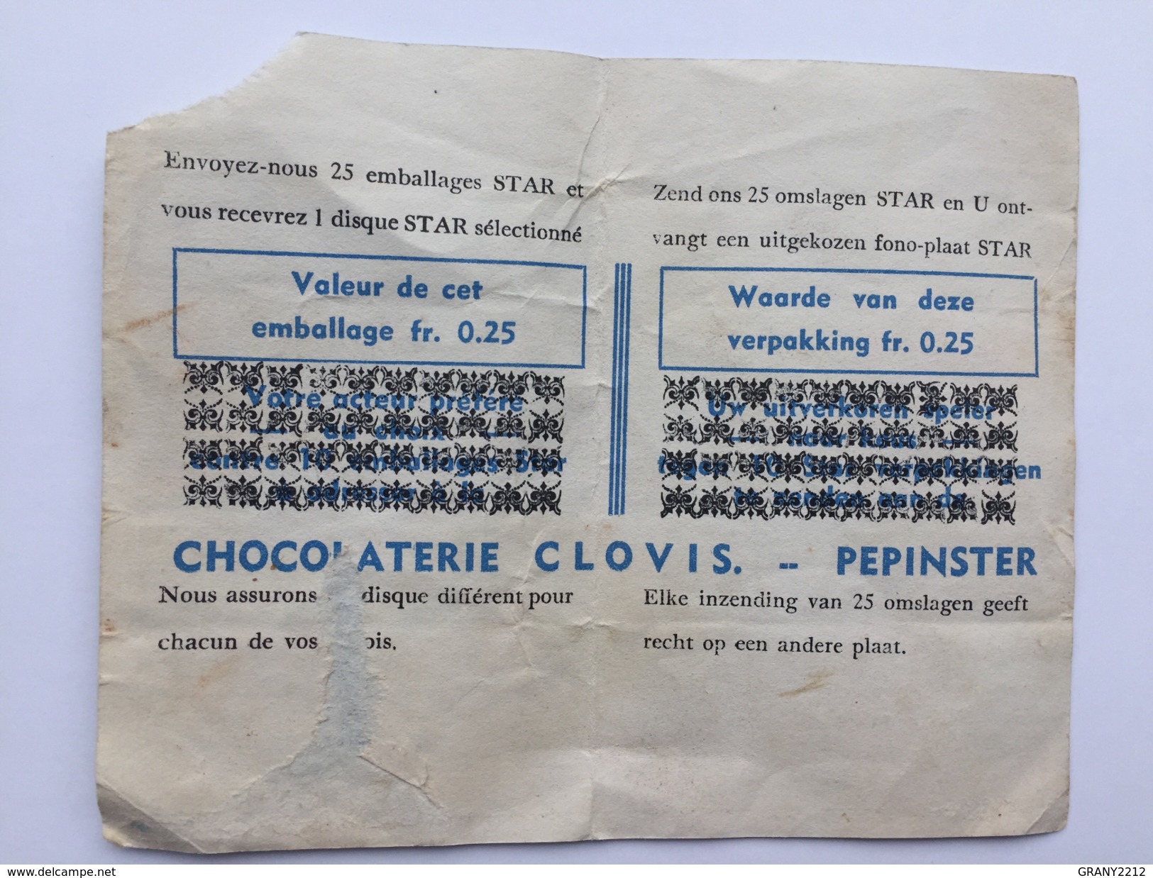 CLOVIS  "emballage Ancien  STAR Chocolat Vanille "Chocolaterie Pepinster De 1920/1966 " - Reclame