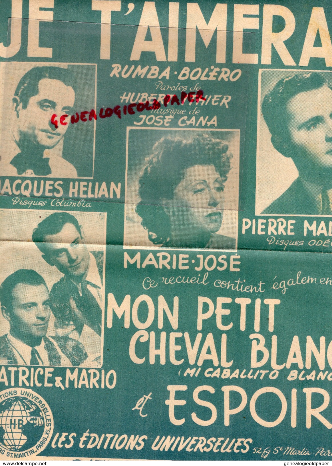 PARTITION MUSICALE- JE T' AIMERAI- RUMBA BOLERO-JACQUES HELIAN-PIERRE MALAR-PATRICE ET MARIO- MARIE JOSE- BATIFOL PARIS - Partitions Musicales Anciennes