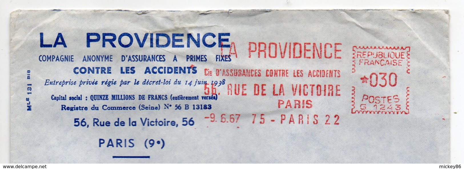 EMA  PARIS 22--1977-- Assurances "LA PROVIDENCE"--enveloppe Carrée Personnalisée (format 15,5cm X 14,5 Cm)-G 1243 - EMA (Empreintes Machines à Affranchir)