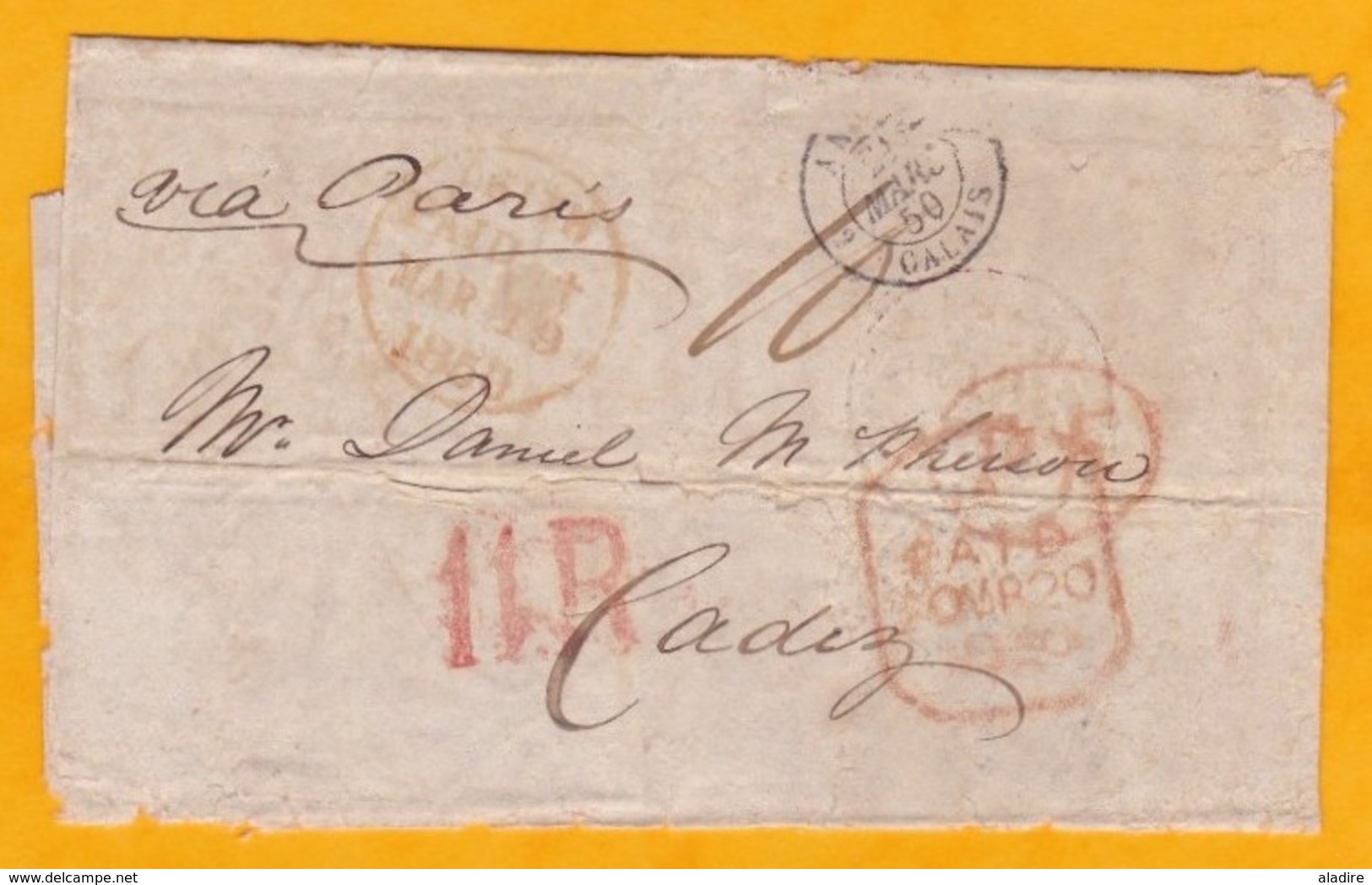1850 - Enveloppe De Leith, Ecosse, GB Vers Cadiz, Espagne Via Paris, France - Cad Arrivée - Postmark Collection