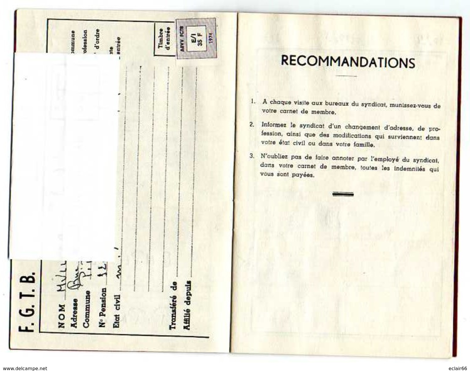 CARNET DE MEMBRE  F G T B (Belgique) Avec Quelques Timbres Année 1974 COMMUNE PIPAIX  -LEUZE Voir Scannes - Décrets & Lois