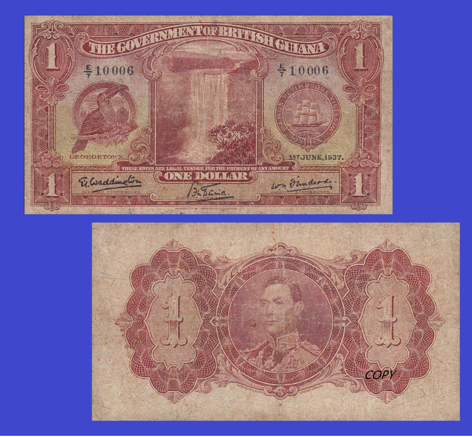 BRITISH GUIANA 1 DOLLARS 1937 - Copy - Copy- Replica - REPRODUCTIONS - Guyana