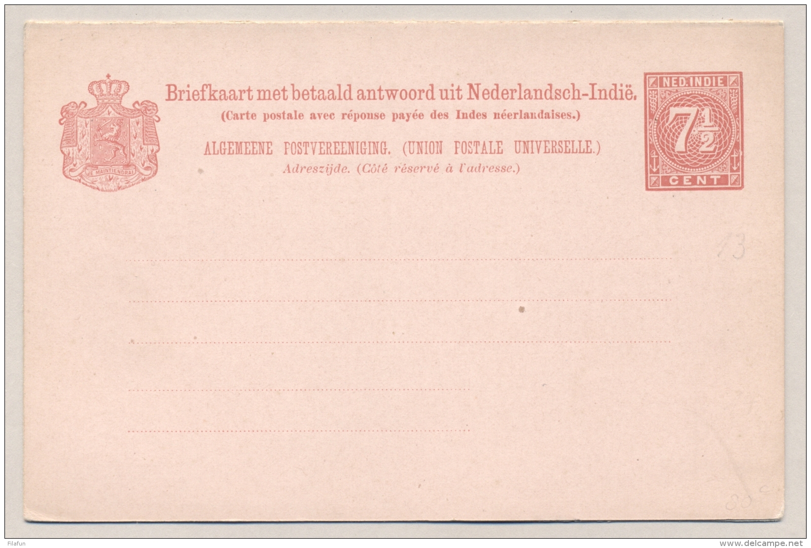 Nederlands Indië - 1892 - 7,5+7,5 Cent Cijfer, Briefkaart G13 H&G A13 - Ongebruikt - Nederlands-Indië