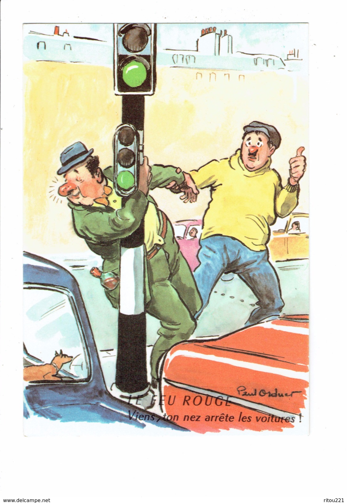 Cpm Illustration Paul ORDNER Humour Homme Alcoolique Ivrogne Nez Rouge Bouteille Vin Feux Tricolores Voiture Chien - Ordner, P.