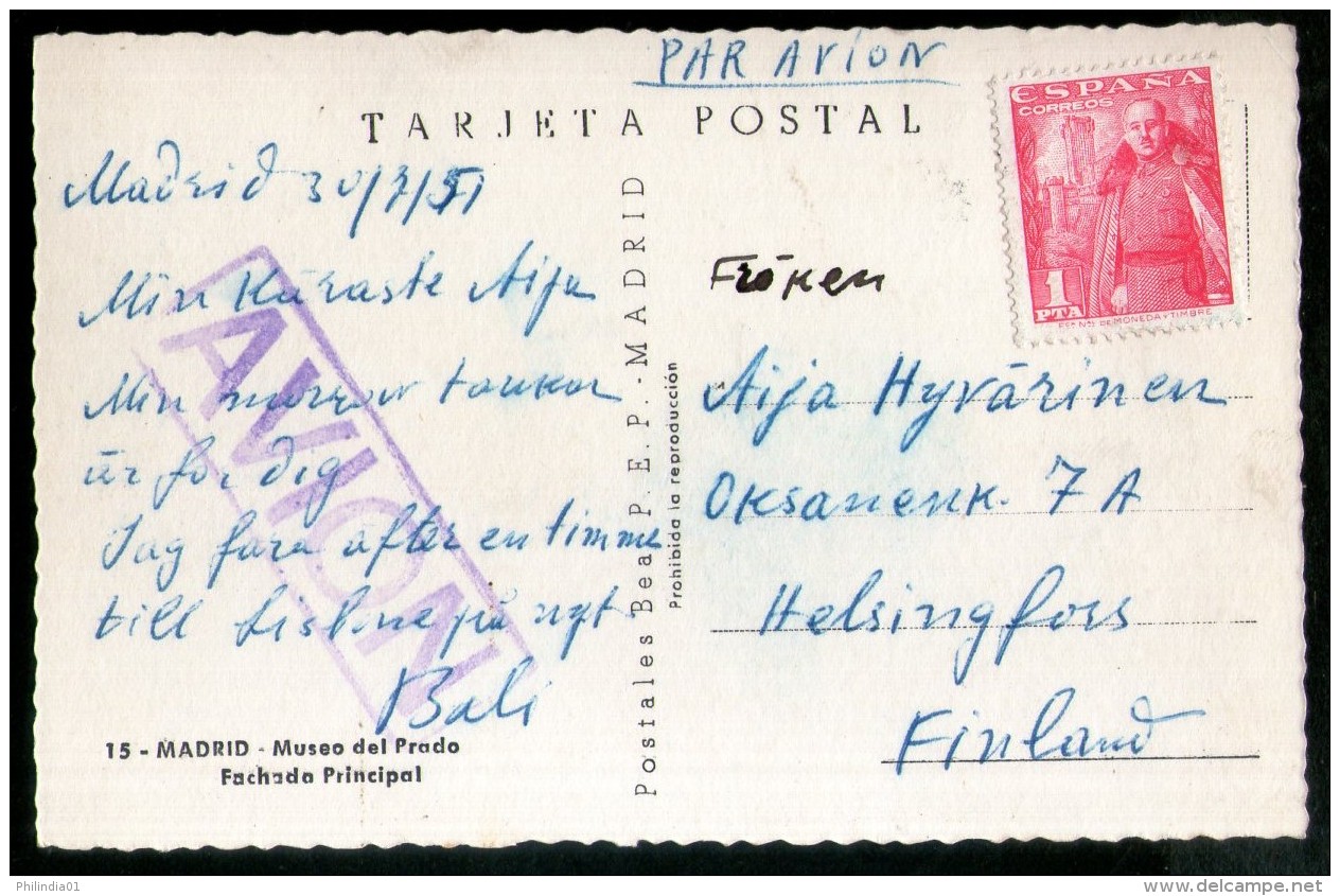 Spain 1951 Madrid Prado Museum Architect View Picture Post Card To Finland # 189 - Other & Unclassified