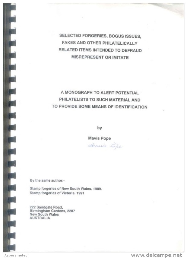 STAMP FORGERIES OF QUEENSLAND, SOUTH AUSTRALIA, TASMANIA BY MAVIS POPE 1991 125 PAGES RARISIME - Vervalsingen En Reproducties