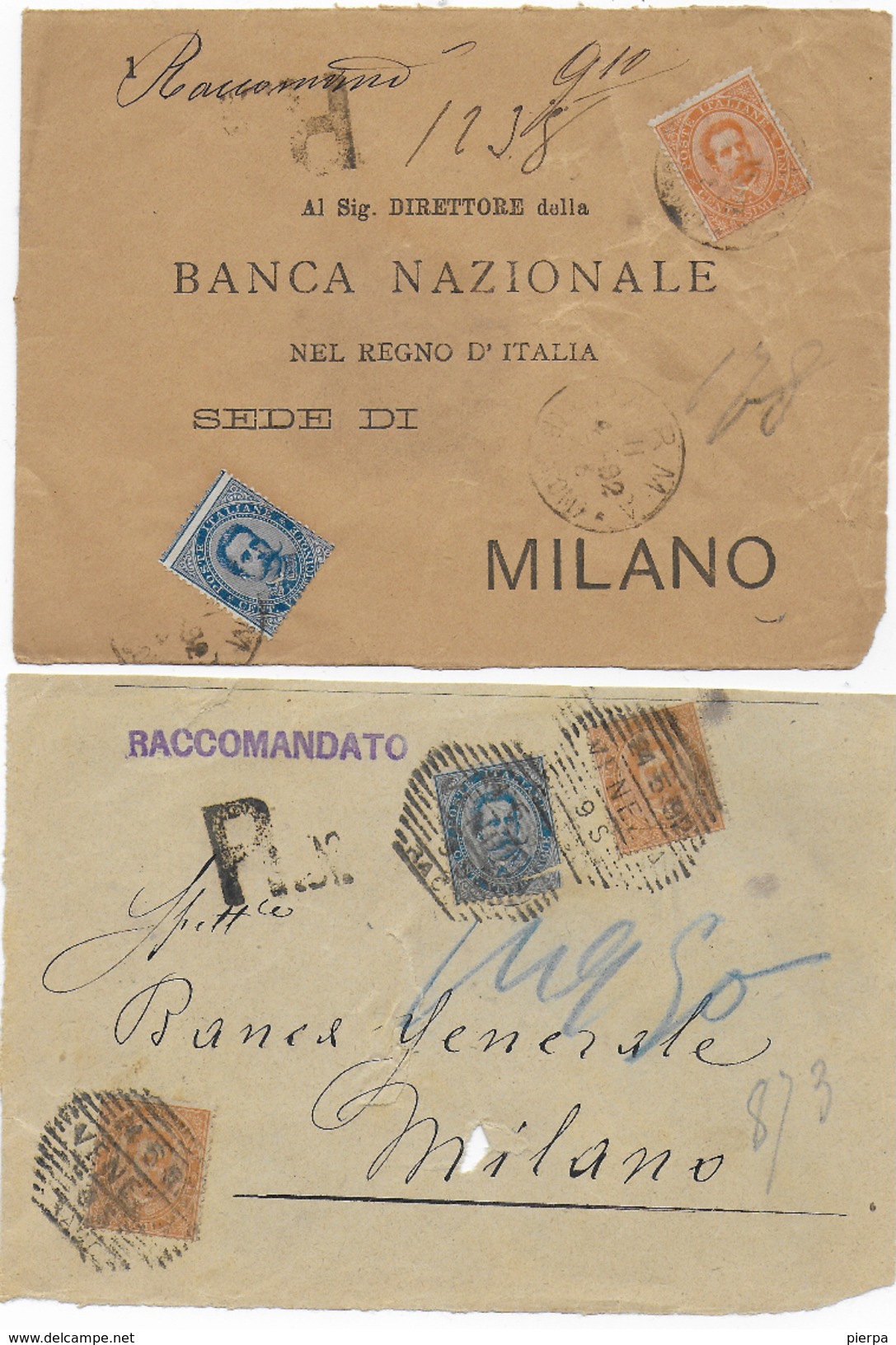 STORIA POSTALE REGNO - DUE VALORI UMBERTO I° SU DUE FRONTESPIZI DI RACCOMANDATA DENT SPOSTATA ANNULLO ESAGONALE - Storia Postale