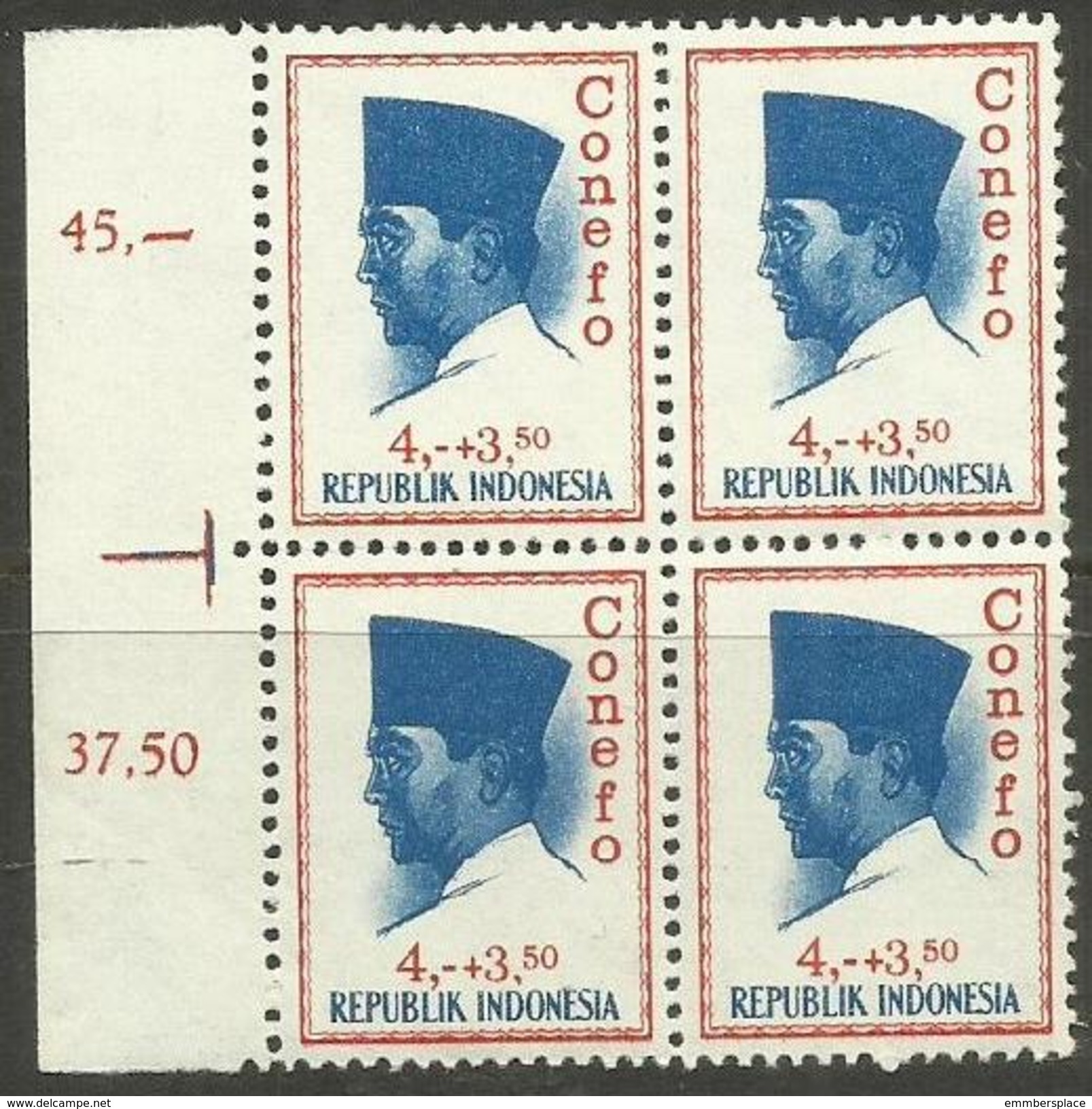 Indonesia - 1965 President Sukarno (Conefo) 4+3.50 Block Of 4 MNH **    Sc B170 - Indonesia