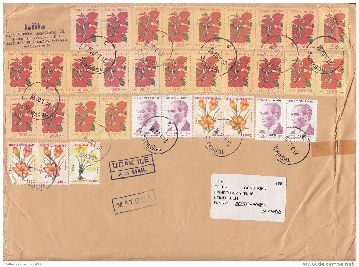 5108FM- POINSETTIA, CROCUS FLOWERS, KEMAL ATATURK, STAMPS ON COVER, 2002, TURKEY - Brieven En Documenten