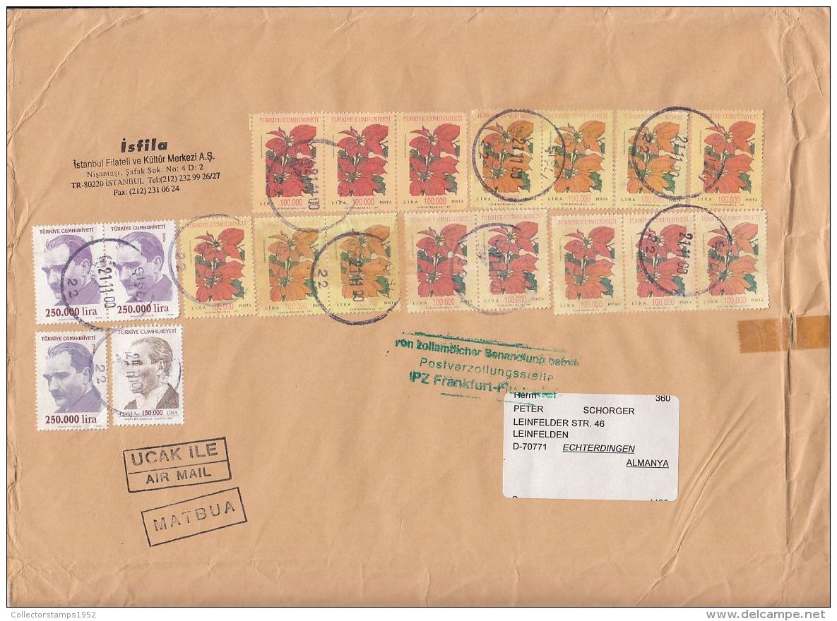 5109FM- POINSETTIA FLOWERS, KEMAL ATATURK, STAMPS ON COVER, 2000, TURKEY - Cartas & Documentos