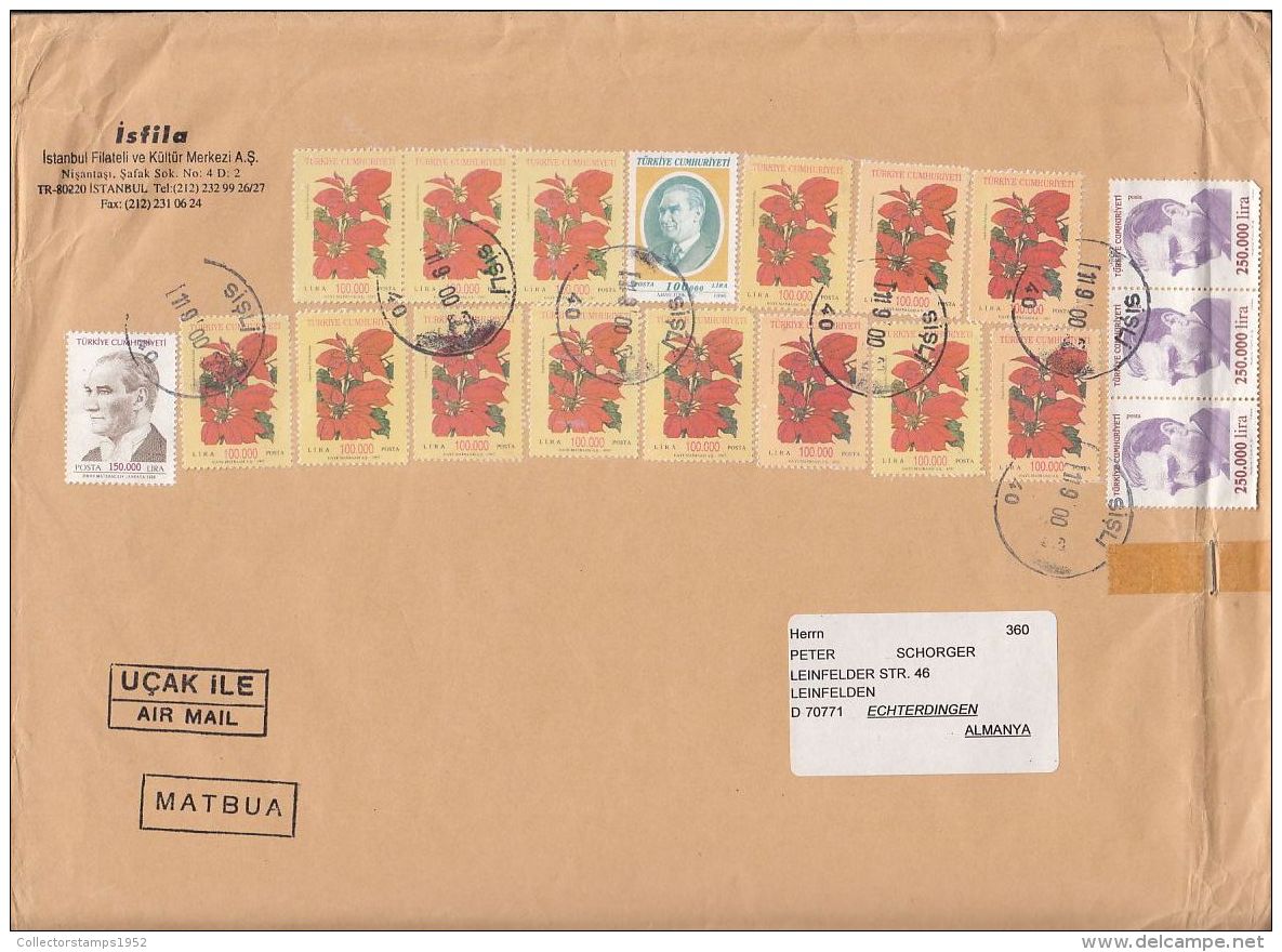 5110FM- POINSETTIA FLOWERS, KEMAL ATATURK, STAMPS ON COVER, 2000, TURKEY - Brieven En Documenten