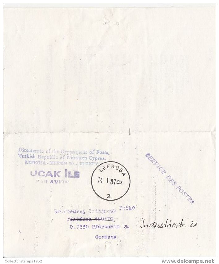 58747- FREE POSTAL OFFICE CORRESPONDENCE, PHILATELIC BULLETIN, 1987, CYPRUS-TURKEY - Briefe U. Dokumente