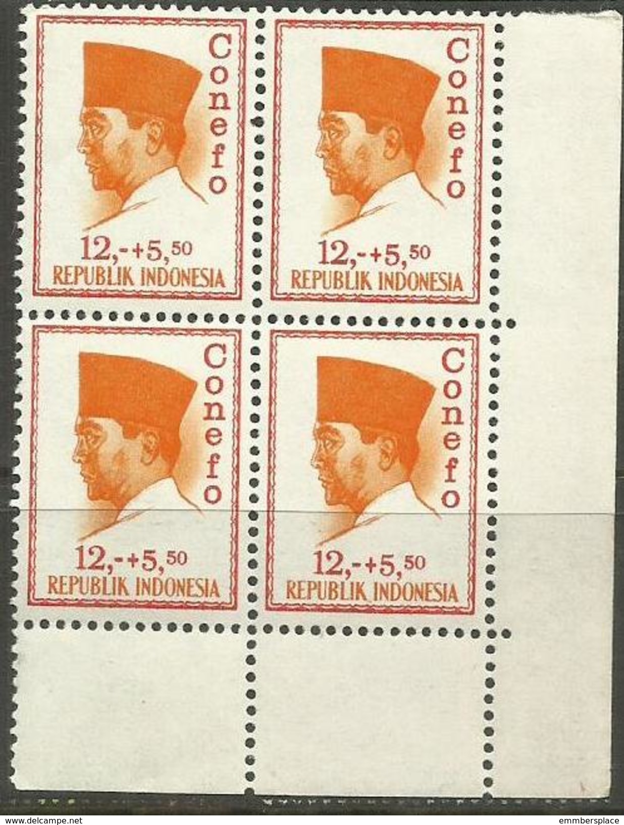 Indonesia - 1965 President Sukarno (Conefo) 12+5.50 Block Of 4 MNH **    Sc B173 - Indonesië