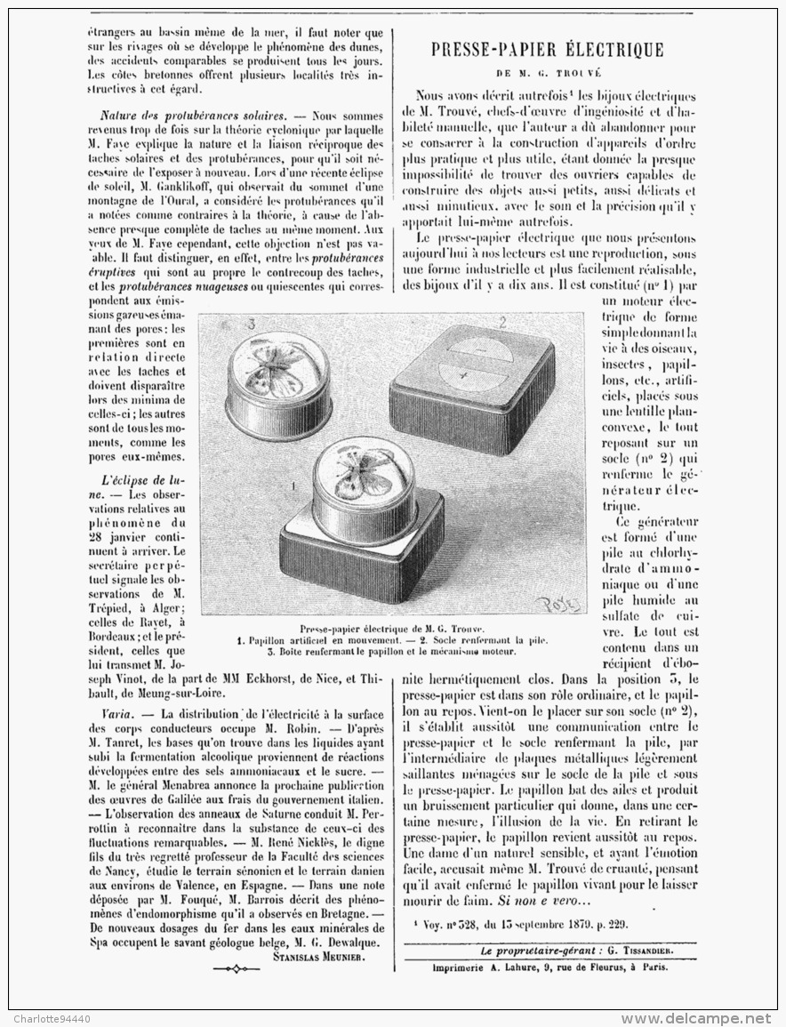 PRESSE-PAPIER  ELECTRIQUE De M. G.  TROUVé 1888 - Autres & Non Classés